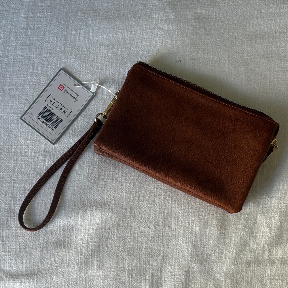 Brown Vegan Leather Wristlet Clutch
